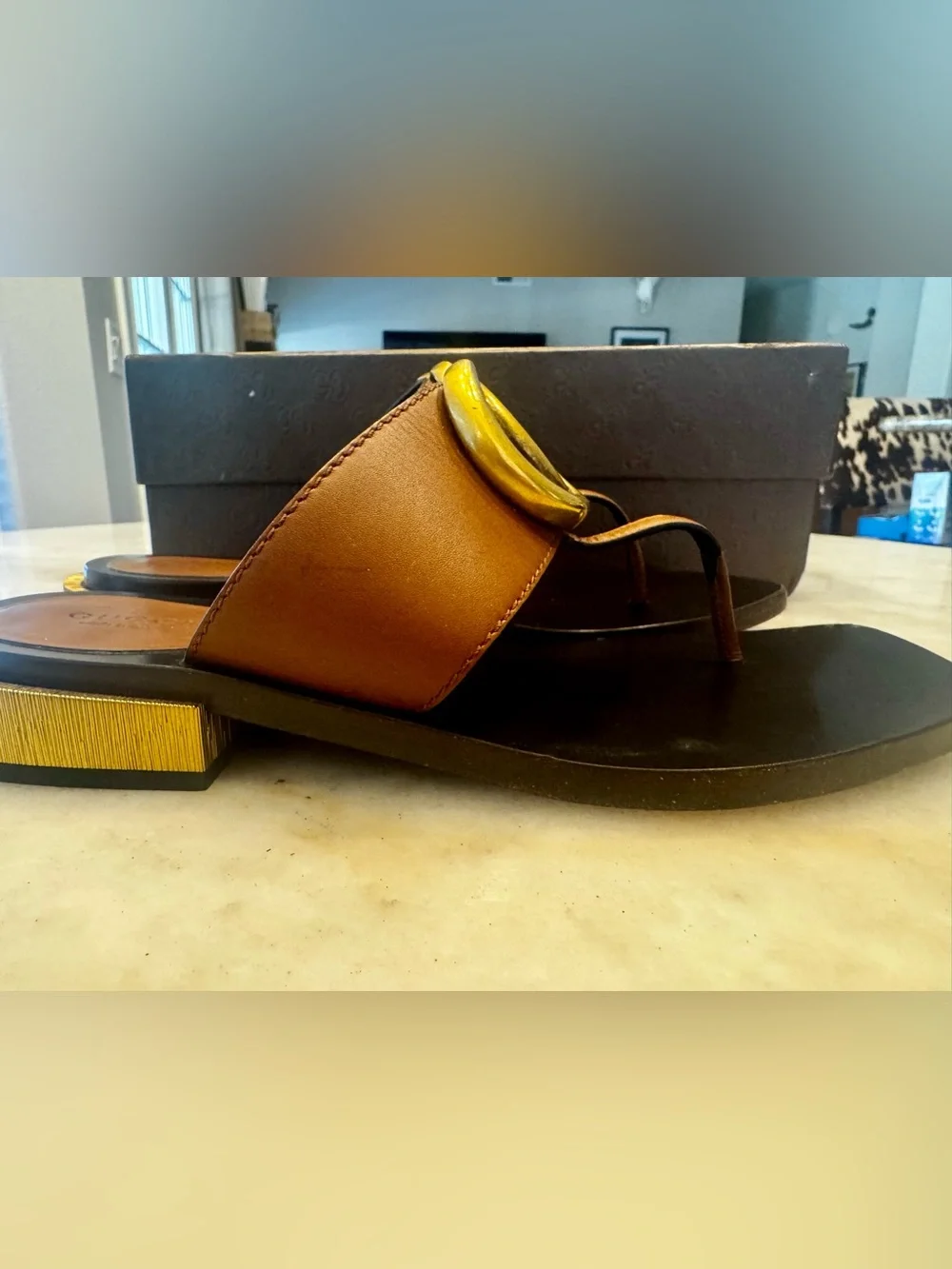 Gucci Brown Leather Thong Sandals with Gold Double-G